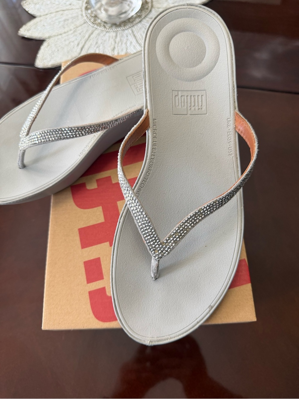 FitFlop Silver Rhinestone Wedge Thong Sandals